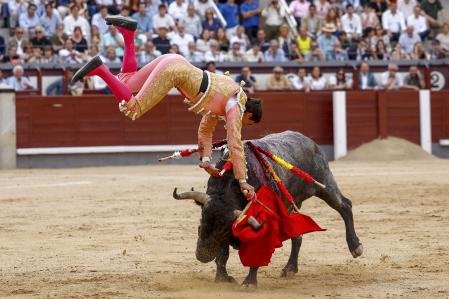 Matador Paco Ureña selama adu banteng di Pameran San Isidro yang diadakan hari Minggu ini di arena adu banteng Las Ventas, di Madrid
